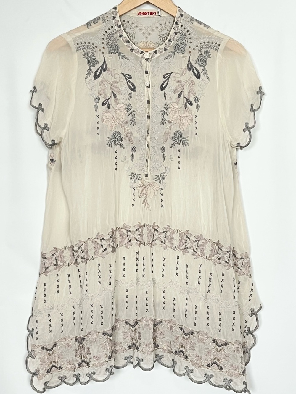 Johnny Was Fletcher Embroidered Sharkbite Tunic Top Silk S